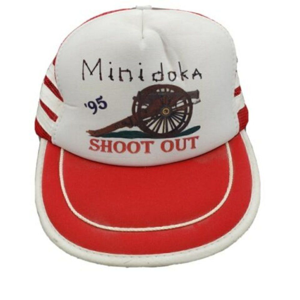 Vintage 90 3 Stripe Minidoka '95 Shoot Out Trucker SnapBack Hat Cannon Red white